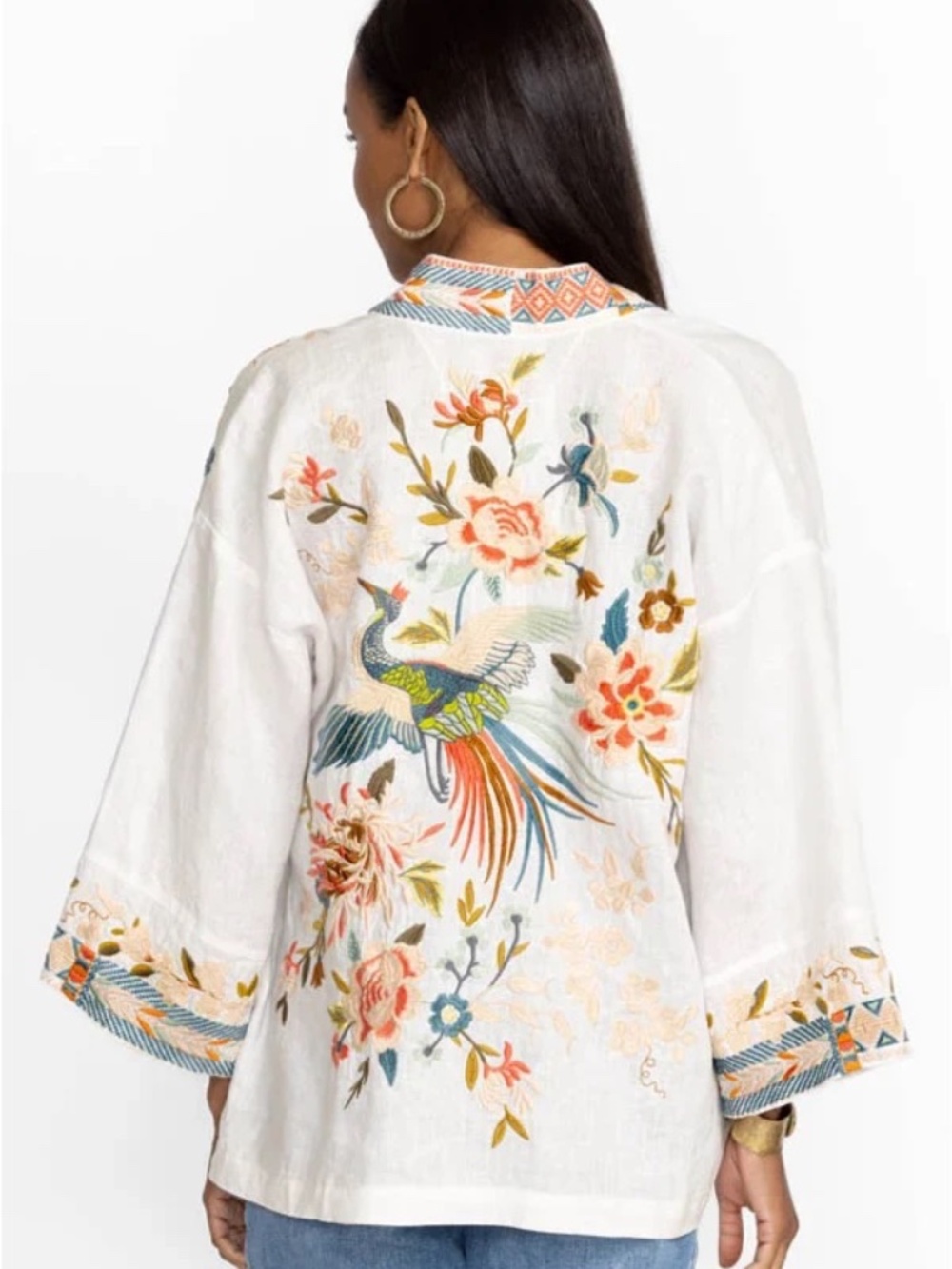 Johnny Was Los Angeles Ceretti Linen Embroidered Floral Crane Crop Kimono - Picture 6 of 7